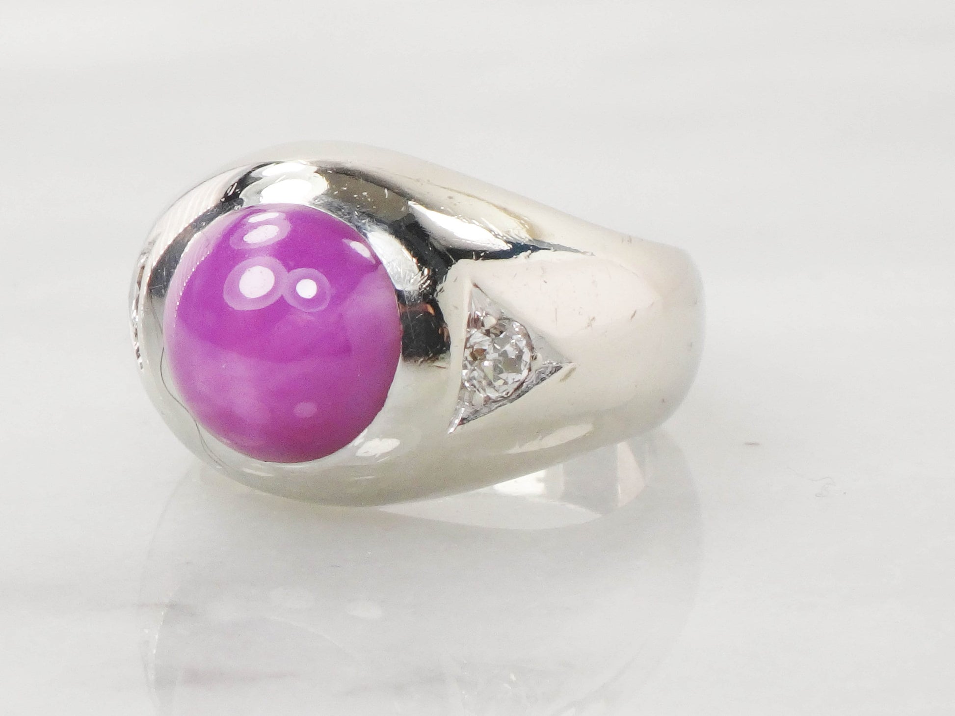 Vintage 14k White Gold Star Ruby and Diamond Ring, Gypsy Set Lab Created Ruby, Men's Pinky Ring, July Birthstone Size 7