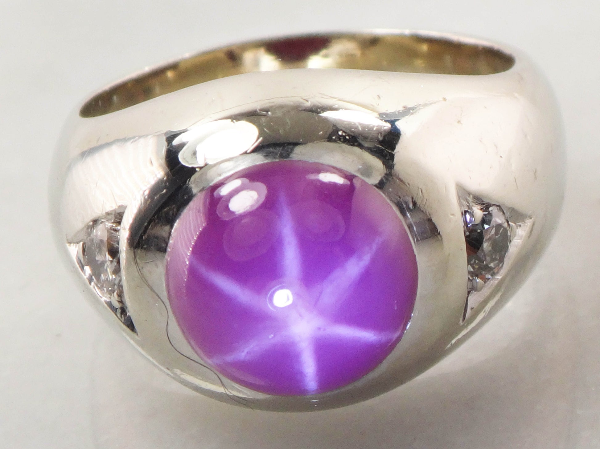 Vintage 14k White Gold Star Ruby and Diamond Ring, Gypsy Set Lab Created Ruby, Men's Pinky Ring, July Birthstone Size 7