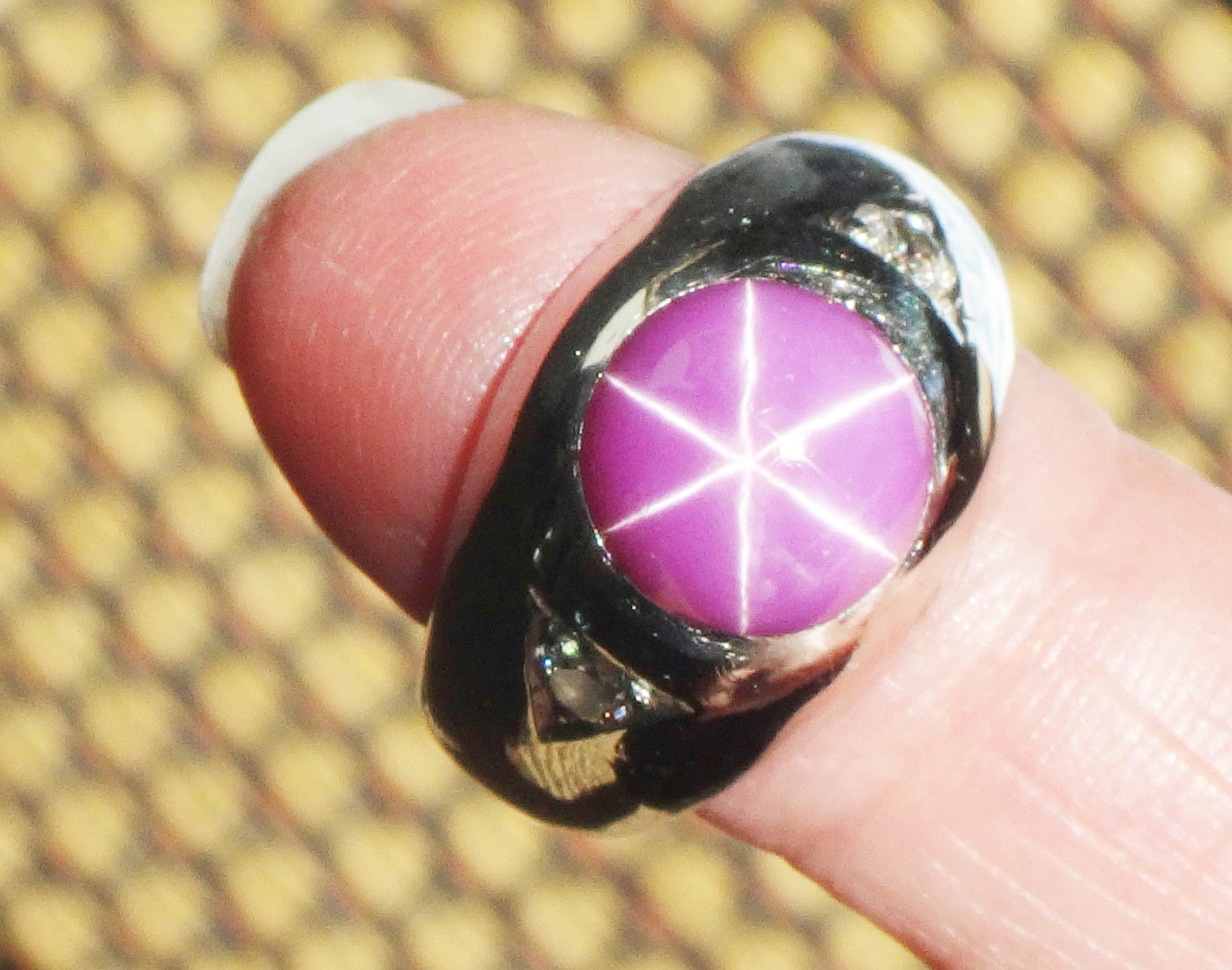 Vintage 14k White Gold Star Ruby and Diamond Ring, Gypsy Set Lab Created Ruby, Men's Pinky Ring, July Birthstone Size 7