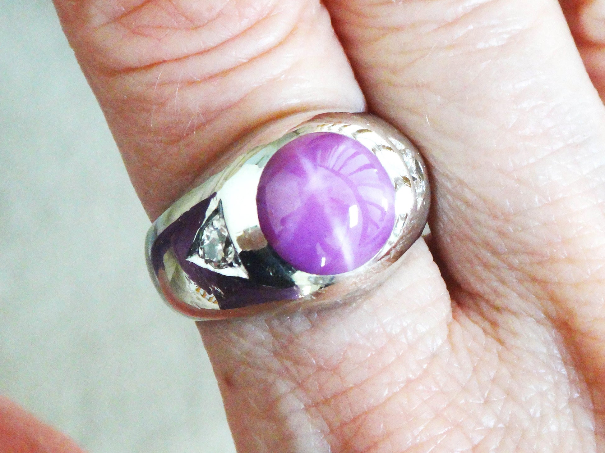 Vintage 14k White Gold Star Ruby and Diamond Ring, Gypsy Set Lab Created Ruby, Men's Pinky Ring, July Birthstone Size 7