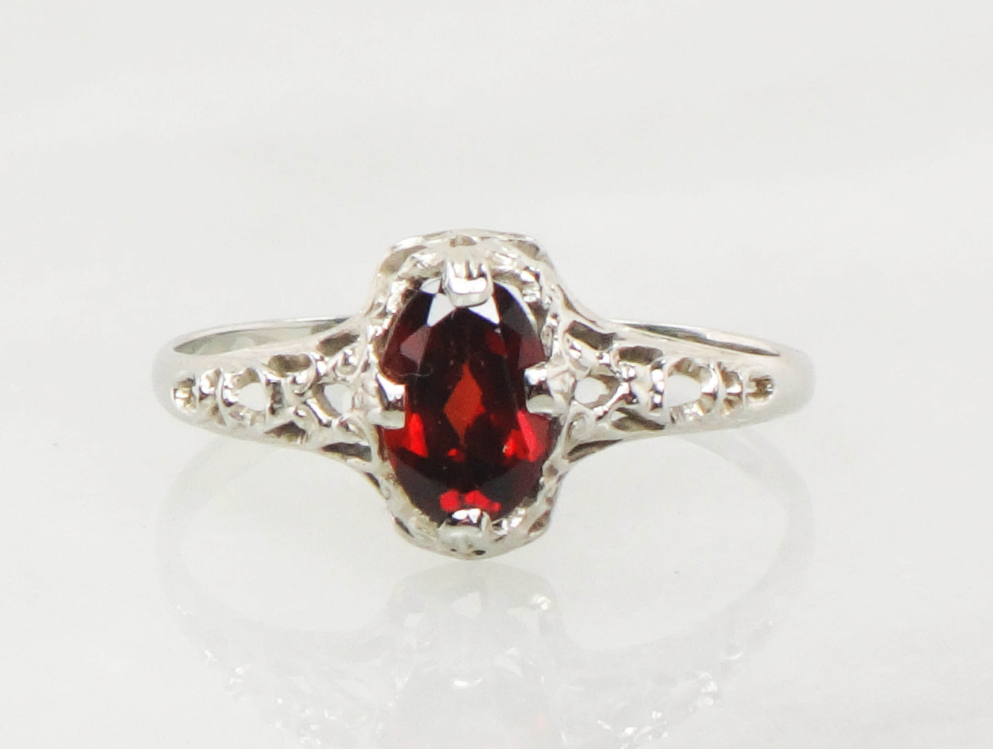 Vintage Art Deco 14k White Gold Garnet Filigree Ring, January Birthstone Ring, Pinky Ring Size 3.5