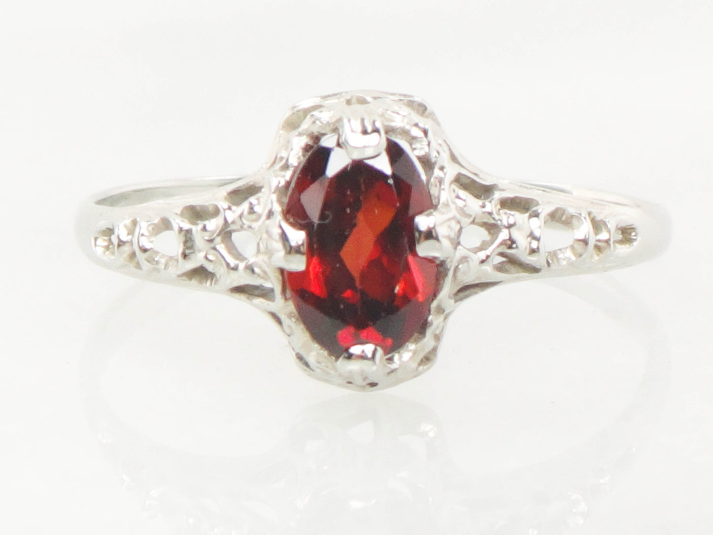 Vintage Art Deco 14k White Gold Garnet Filigree Ring, January Birthstone Ring, Pinky Ring Size 3.5