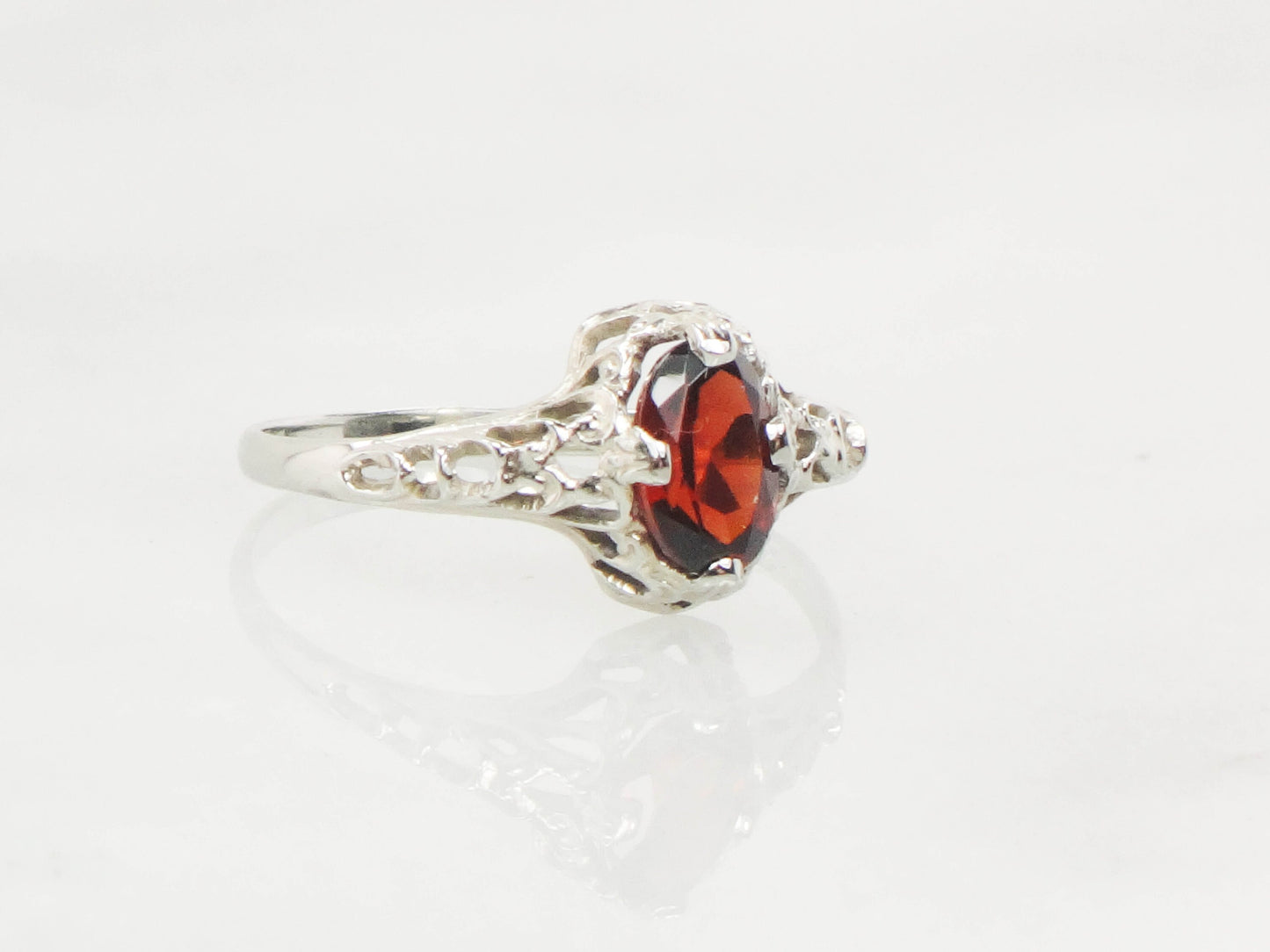 Vintage Art Deco 14k White Gold Garnet Filigree Ring, January Birthstone Ring, Pinky Ring Size 3.5