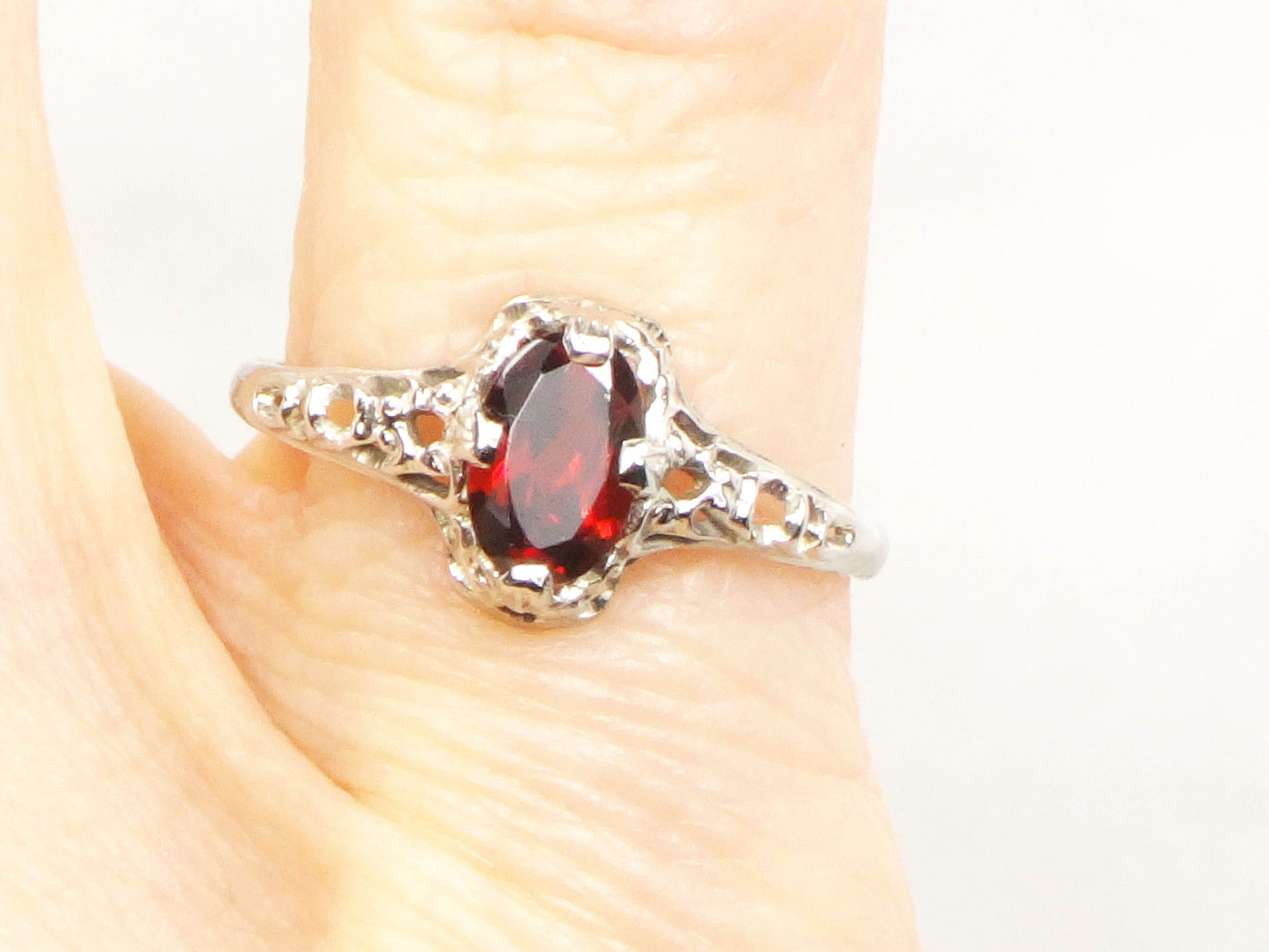Vintage Art Deco 14k White Gold Garnet Filigree Ring, January Birthstone Ring, Pinky Ring Size 3.5