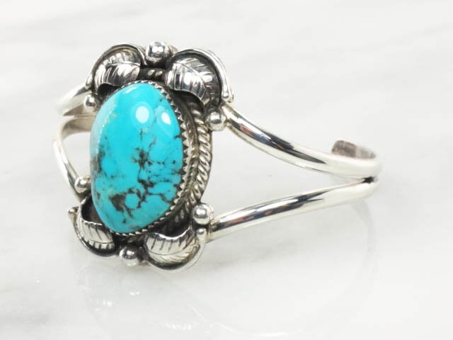 Vintage Sterling Silver Turquoise Cuff Bracelet with Feather Design - Native American Hallmarked MC