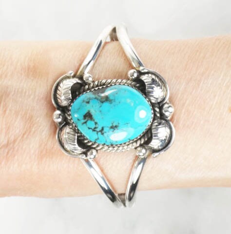 Vintage Sterling Silver Turquoise Cuff Bracelet with Feather Design - Native American Hallmarked MC