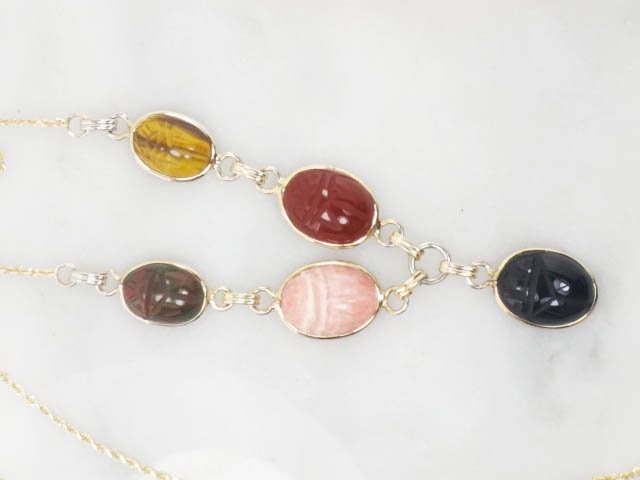 Vintage 14k and Gold Filled Scarab Necklace Bracelet Conversion Necklace with Tiger Eye & Quartz - Carved Stone Necklace 21"