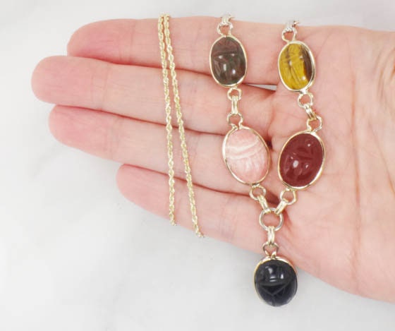 Vintage 14k and Gold Filled Scarab Necklace Bracelet Conversion Necklace with Tiger Eye & Quartz - Carved Stone Necklace 21"