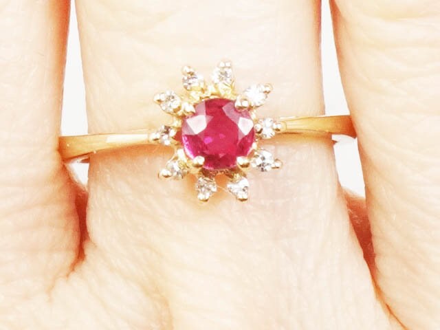 Vintage 10k Gold Ruby Diamond Halo Ring - July Birthstone, Size 6