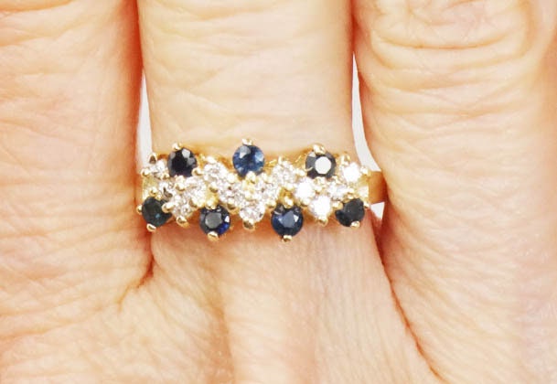 Vintage 14k Gold Natural Sapphire and Diamond Ring 1/3 CT TDW Diamond & Blue Sapphire Band Size 5.75