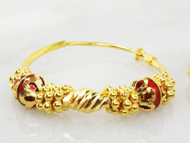 Vintage 22k Gold Hoop Earrings: Red & Green Enamel, Fancy Beads