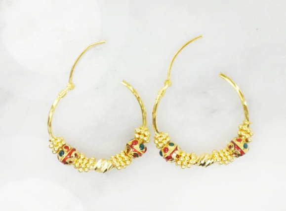 Vintage 22k Yellow Gold Hoop Earrings Fancy Earrings with Red and Green Enamel - 1 3/8"
