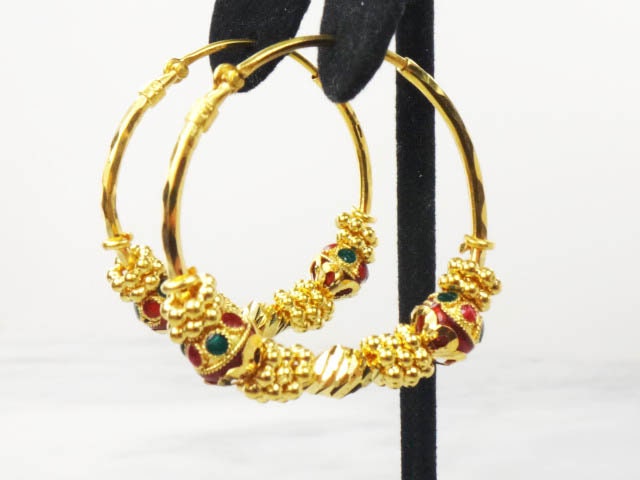 Vintage 22k Gold Hoop Earrings: Red & Green Enamel, Fancy Beads