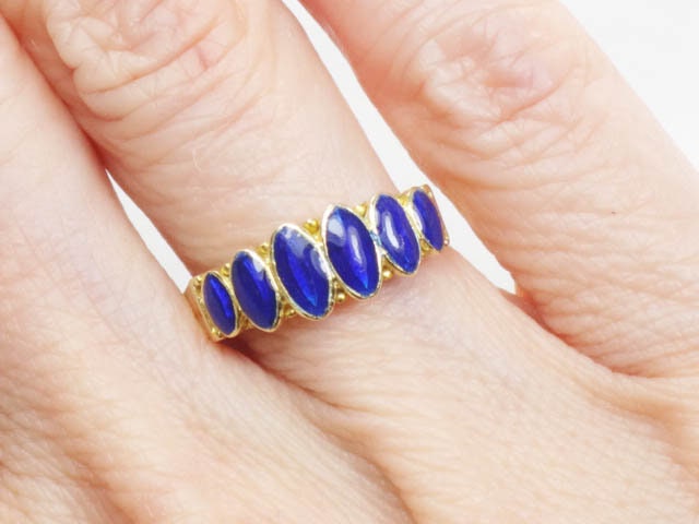 Vintage 18k Yellow Gold Blue Enamel Band, Everyday Ring, Stacking Ring, Size 5