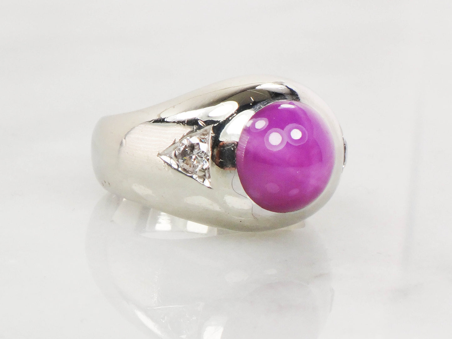 Vintage 14k White Gold Star Ruby and Diamond Ring, Gypsy Set Lab Created Ruby, Men's Pinky Ring, July Birthstone Size 7