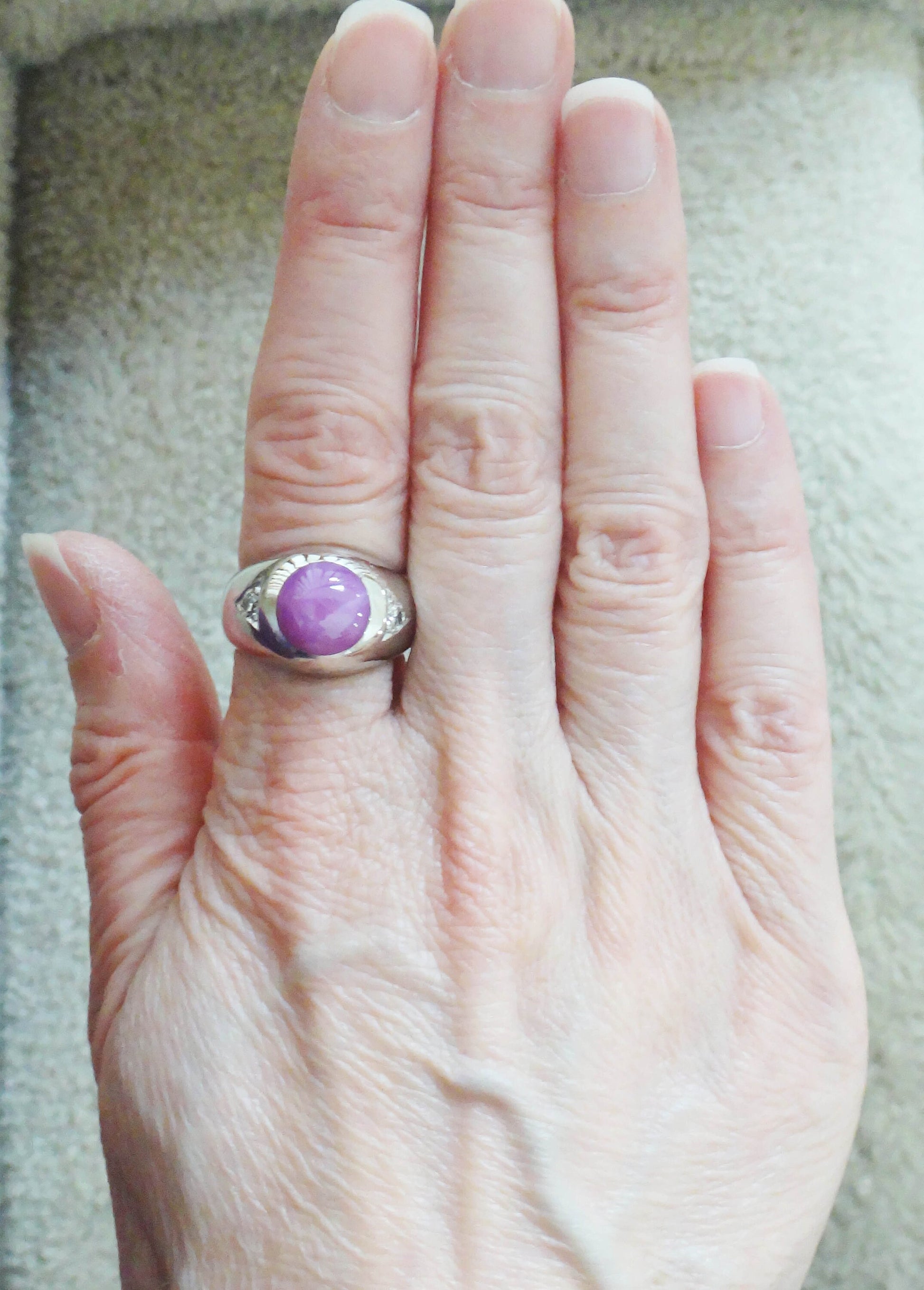 Vintage 14k White Gold Star Ruby and Diamond Ring, Gypsy Set Lab Created Ruby, Men's Pinky Ring, July Birthstone Size 7