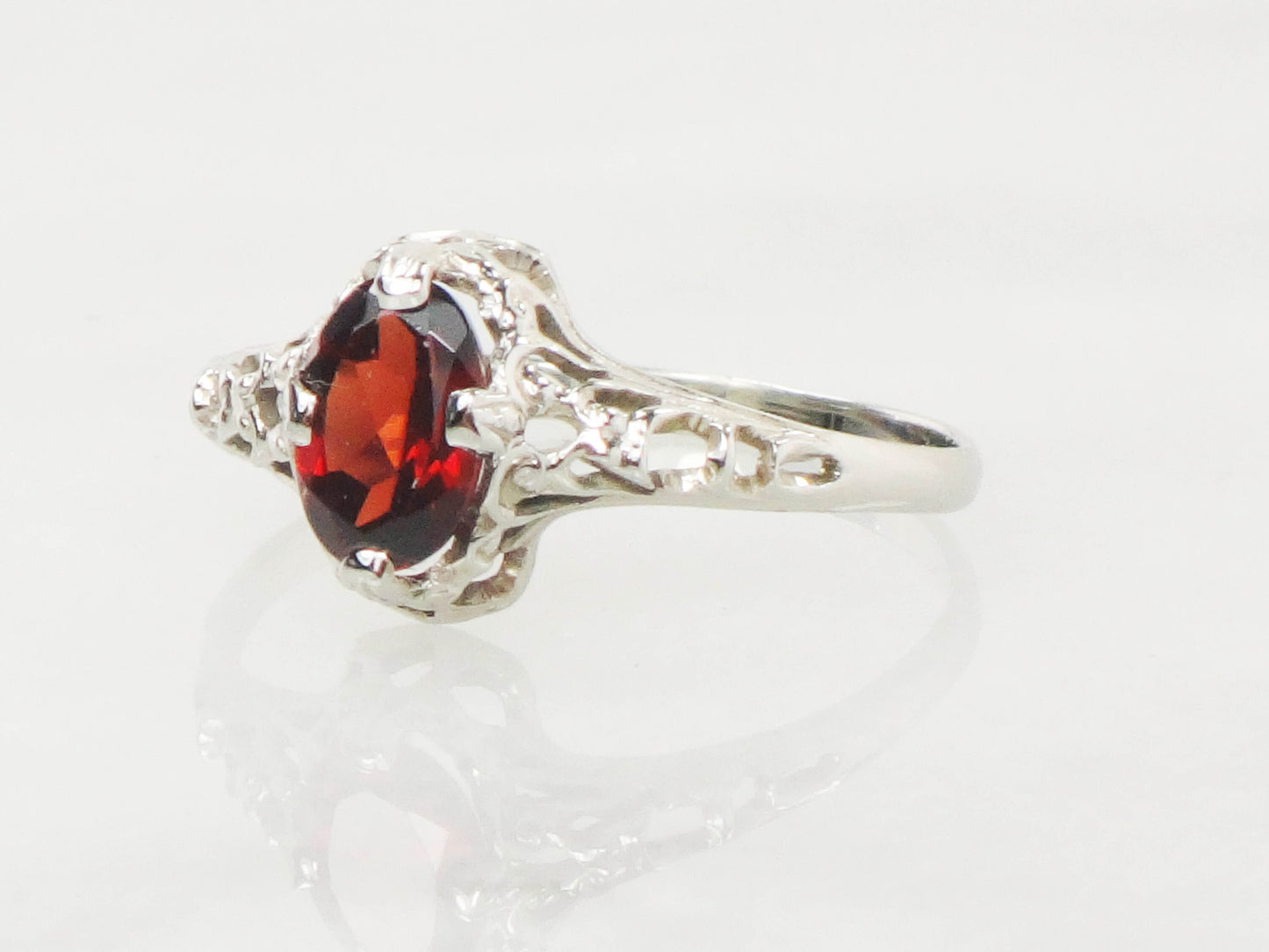 Vintage Art Deco 14k White Gold Garnet Filigree Ring, January Birthstone Ring, Pinky Ring Size 3.5