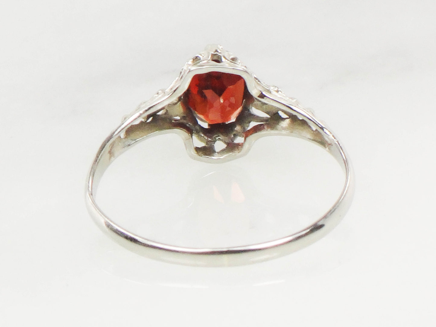 Vintage Art Deco 14k White Gold Garnet Filigree Ring, January Birthstone Ring, Pinky Ring Size 3.5