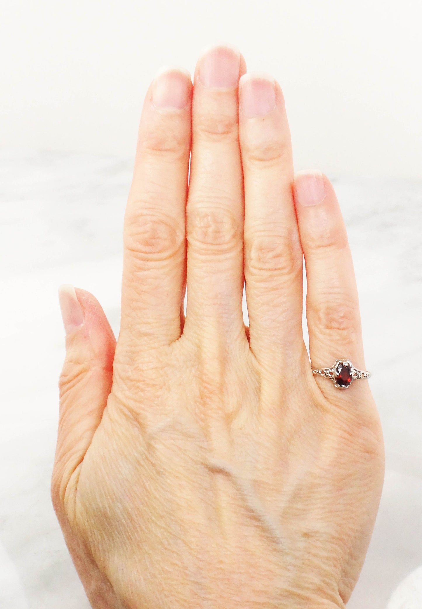 Vintage Art Deco 14k White Gold Garnet Filigree Ring, January Birthstone Ring, Pinky Ring Size 3.5