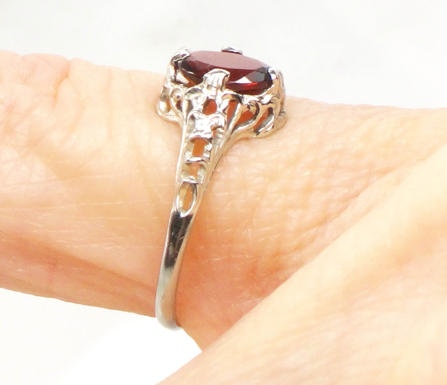 Vintage Art Deco 14k White Gold Garnet Filigree Ring, January Birthstone Ring, Pinky Ring Size 3.5