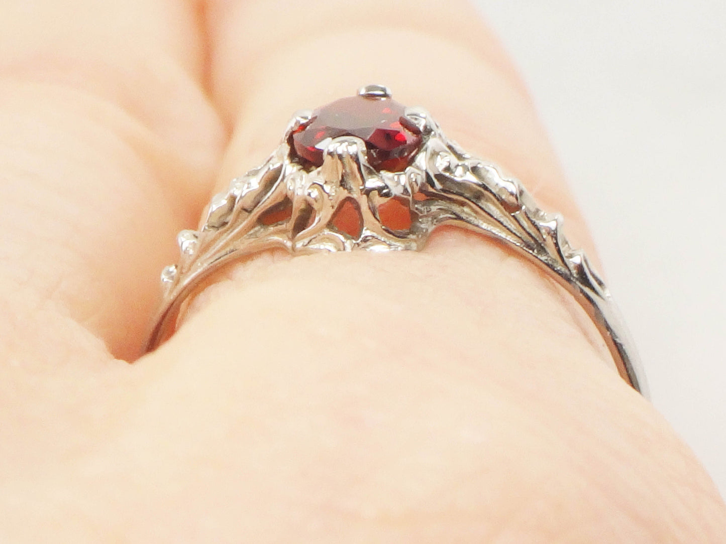 Vintage Art Deco 14k White Gold Garnet Filigree Ring, January Birthstone Ring, Pinky Ring Size 3.5