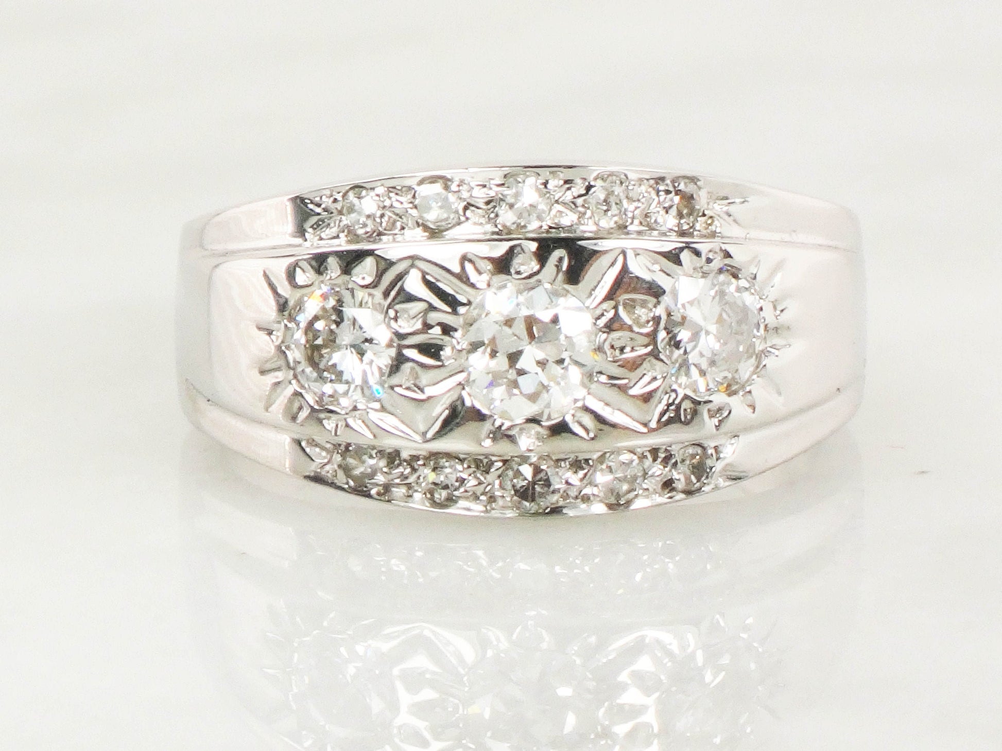 Vintage 14k White Gold Diamond Sunburst Band Ring - Over 1 Carat, Size 11