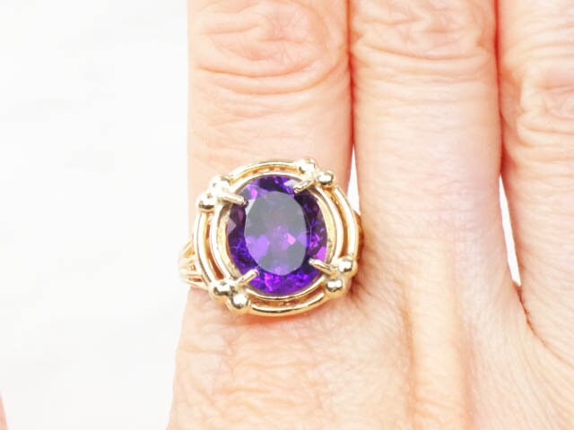 Vintage 14k Yellow Gold Oval Natural Purple Amethyst Ring, February Birthstone Size 7.75