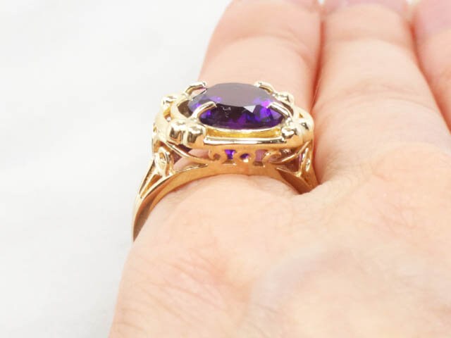 Vintage 14k Yellow Gold Oval Natural Purple Amethyst Ring, February Birthstone Size 7.75