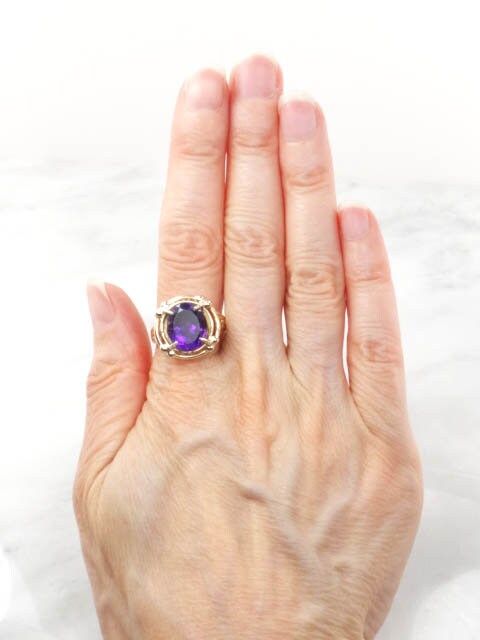 Vintage 14k Yellow Gold Oval Natural Purple Amethyst Ring, February Birthstone Size 7.75