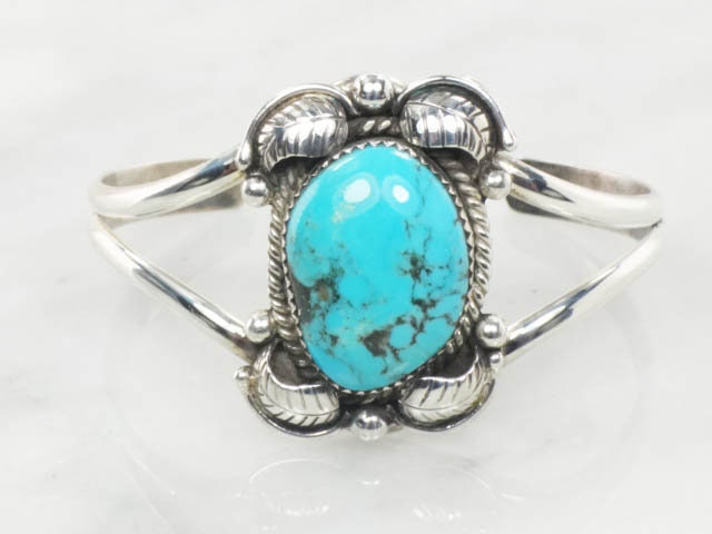 Vintage Sterling Silver Turquoise Cuff Bracelet with Feather Design - Native American Hallmarked MC