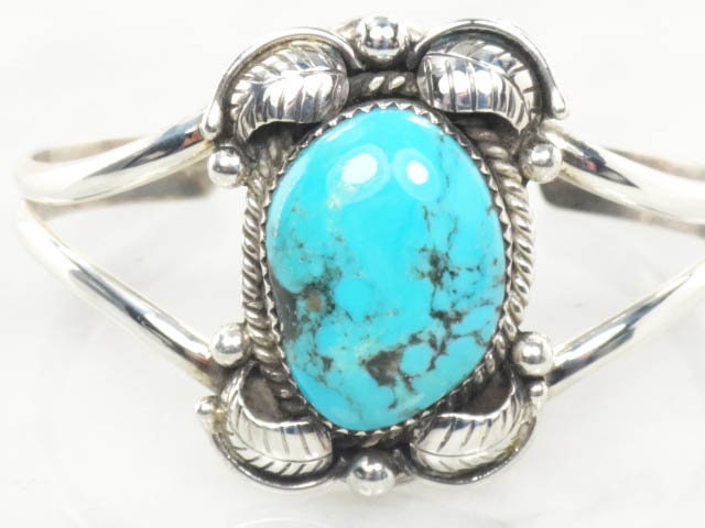 Vintage Sterling Silver Turquoise Cuff Bracelet with Feather Design - Native American Hallmarked MC