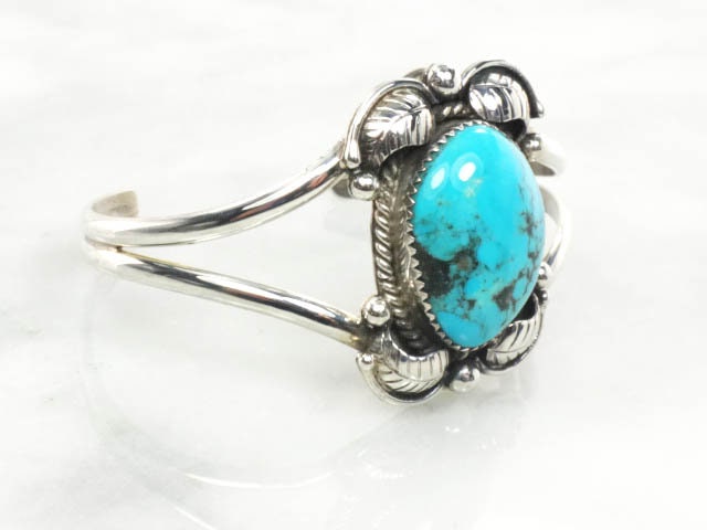 Vintage Sterling Silver Turquoise Cuff Bracelet with Feather Design - Native American Hallmarked MC