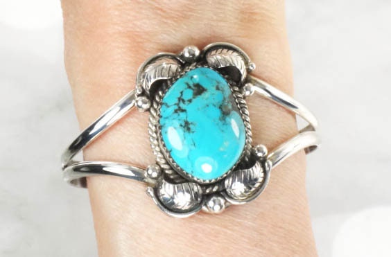 Vintage Sterling Silver Turquoise Cuff Bracelet with Feather Design - Native American Hallmarked MC