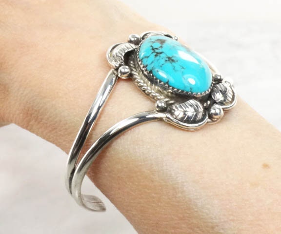 Vintage Sterling Silver Turquoise Cuff Bracelet with Feather Design - Native American Hallmarked MC