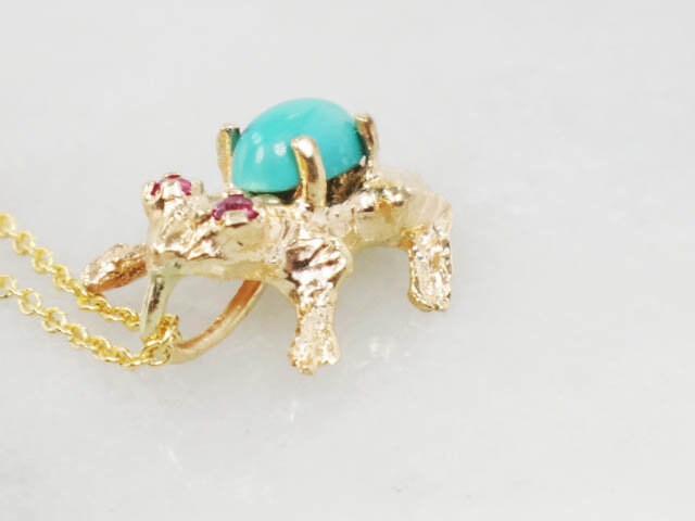Vintage 14k Gold Turquoise and Ruby Frog Necklace, Tiny Jeweled Frog Pendant on 18" Chain