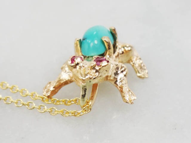 Vintage 14k Gold Turquoise and Ruby Frog Necklace, Tiny Jeweled Frog Pendant on 18" Chain