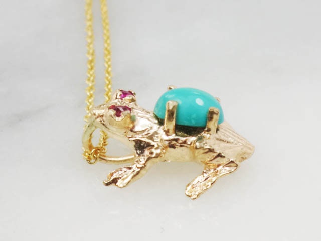 Vintage 14k Gold Turquoise and Ruby Frog Necklace, Tiny Jeweled Frog Pendant on 18" Chain