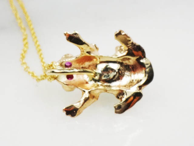 Vintage 14k Gold Turquoise and Ruby Frog Necklace, Tiny Jeweled Frog Pendant on 18" Chain