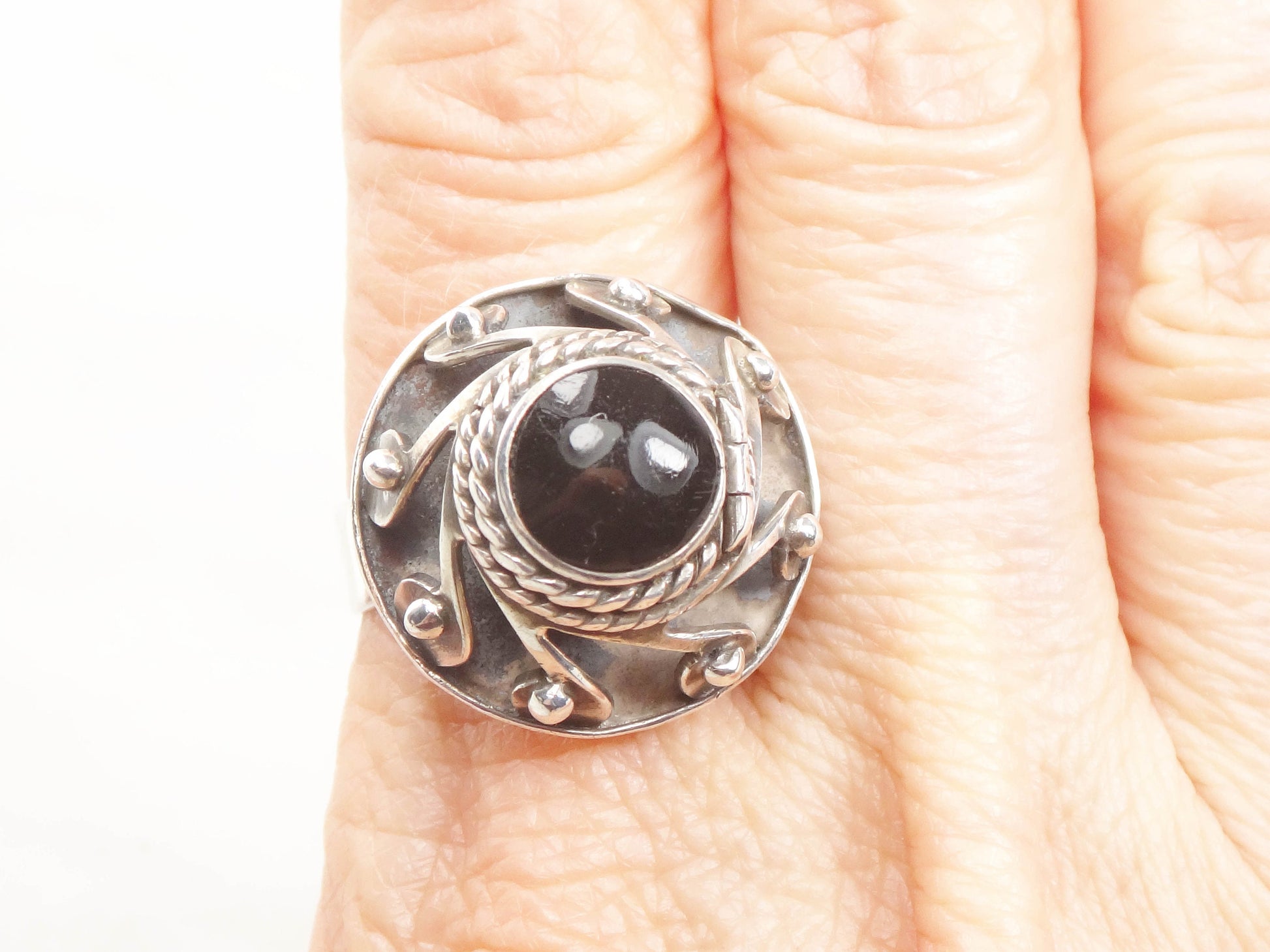 Vintage Sterling Silver Onyx Ring - Mexico Eagle Mark Black Stone Poison Ring - Adjustable Size