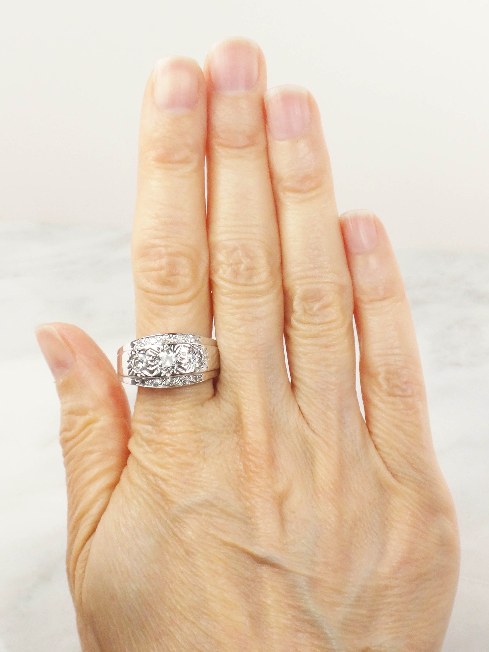 Vintage 14k White Gold Diamond Sunburst Band Ring - Over 1 Carat, Size 11