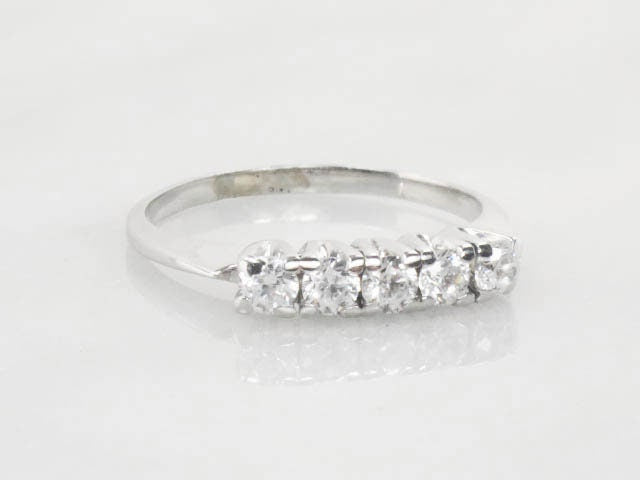 Vintage 14k White Gold Cubic Zirconia Wedding Band Five Stone Wedding Ring Stacking Ring Size 8