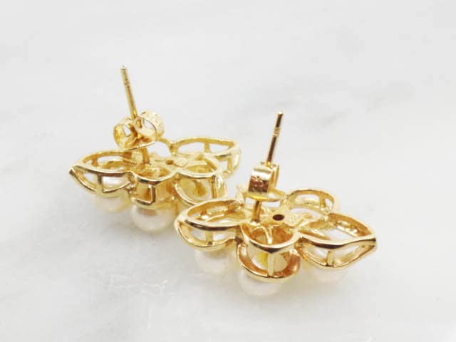 Vintage Large 14k Yellow Gold Cultured Pearl and Diamond Stud Earrings Bridal Earrings