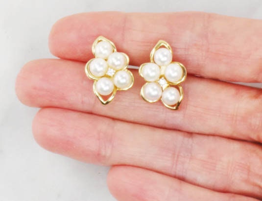 Vintage Large 14k Yellow Gold Cultured Pearl and Diamond Stud Earrings Bridal Earrings