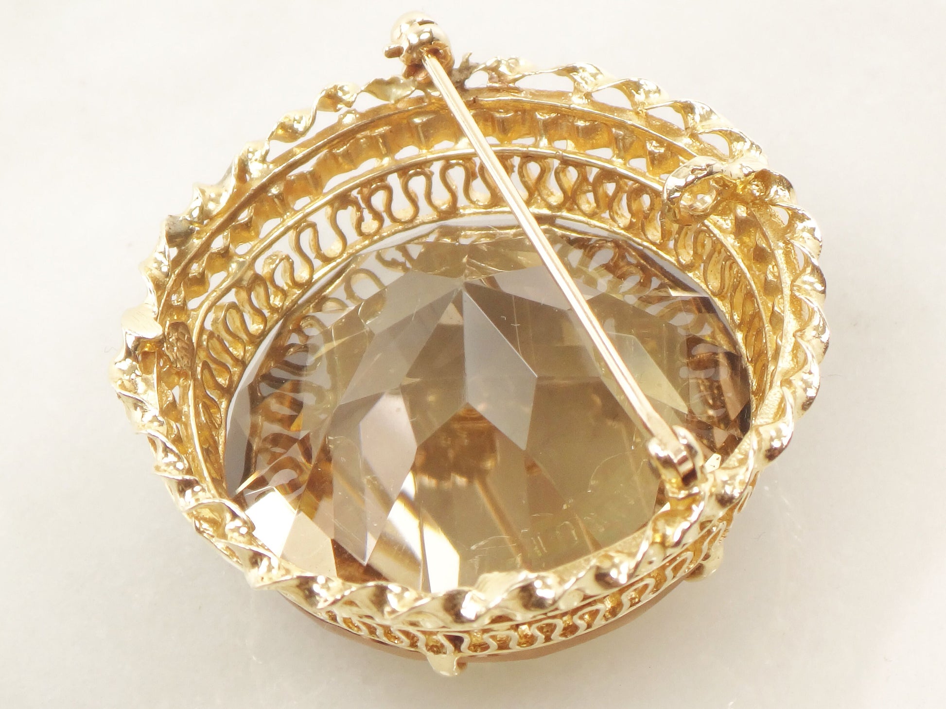 Vintage Large 14k Gold Round Smoky Citrine Quartz Pendant or Pin Approximately 80 Carats