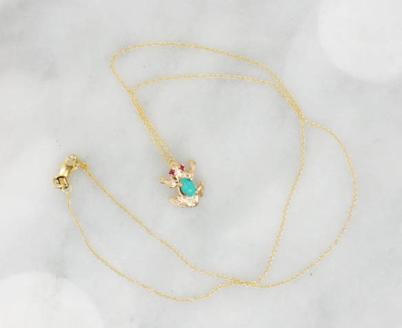 Vintage 14k Gold Turquoise and Ruby Frog Necklace, Tiny Jeweled Frog Pendant on 18" Chain