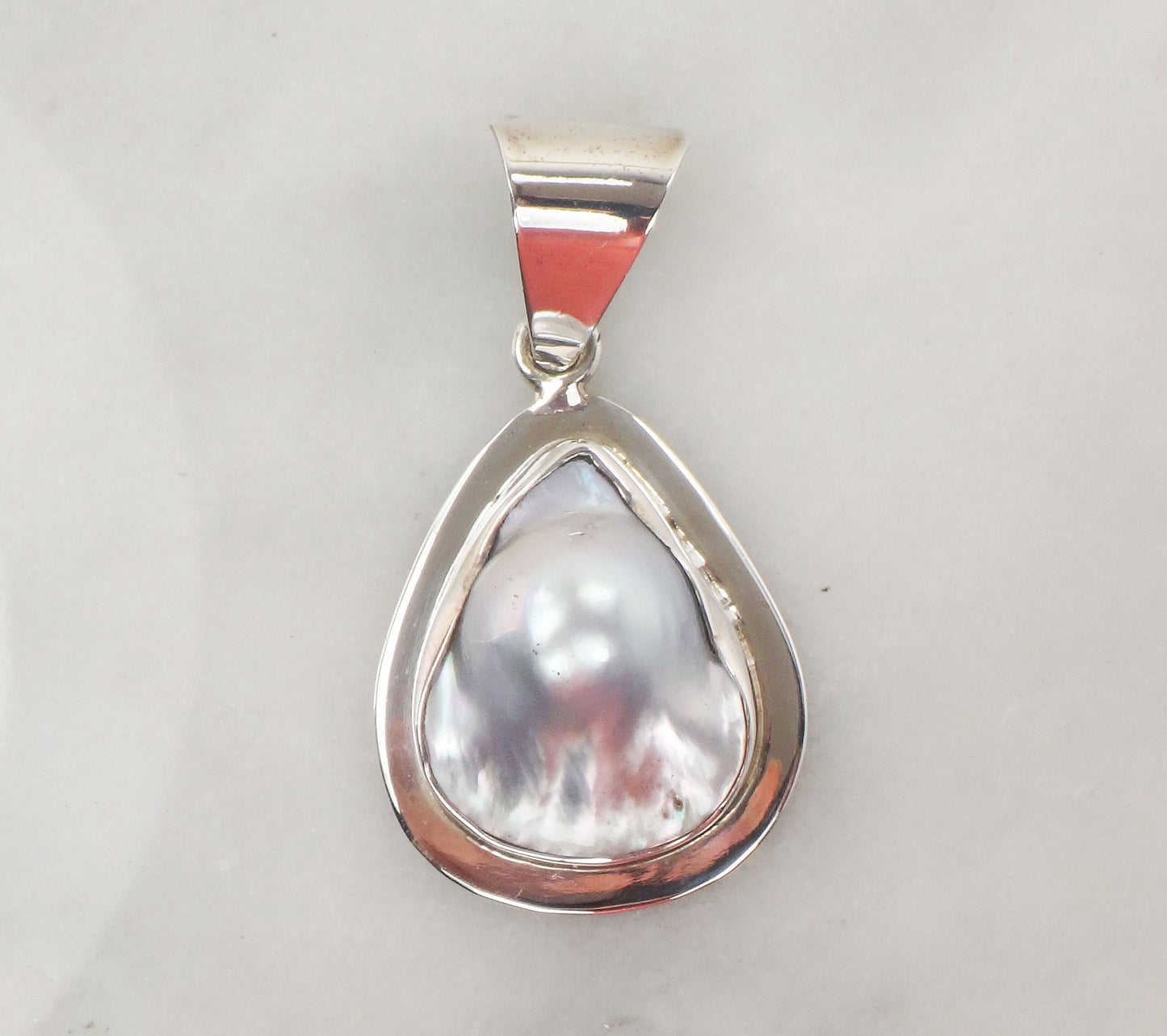 Vintage Large Sterling Silver Pearl Pendant Teardrop Shaped Gray Blister Pearl Pendant Mexio Sterling Pendant