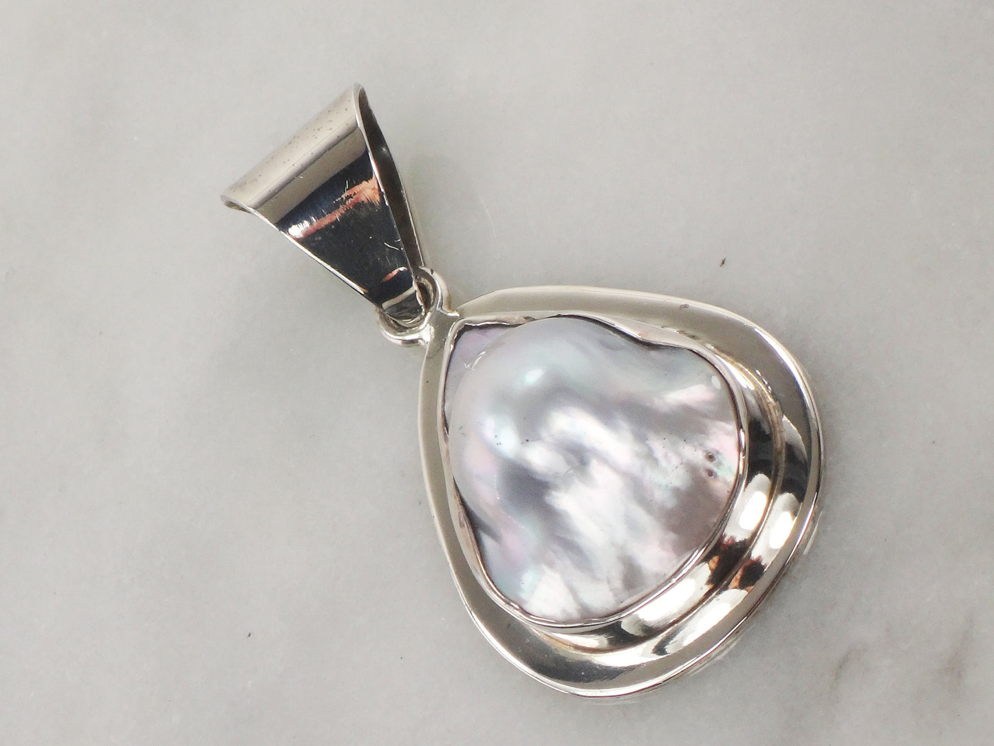 Vintage Large Sterling Silver Pearl Pendant Teardrop Shaped Gray Blister Pearl Pendant Mexio Sterling Pendant