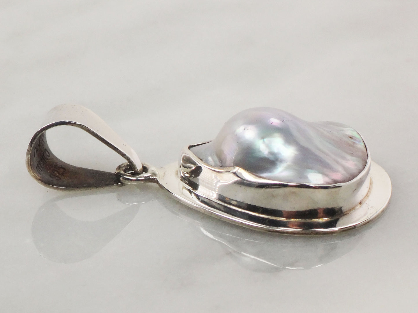 Vintage Large Sterling Silver Pearl Pendant Teardrop Shaped Gray Blister Pearl Pendant Mexio Sterling Pendant
