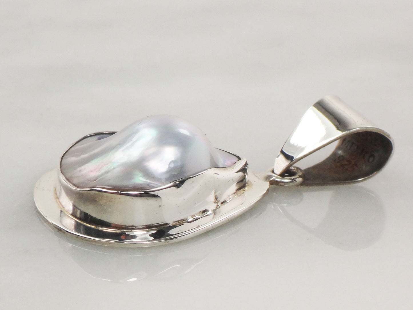 Vintage Large Sterling Silver Pearl Pendant Teardrop Shaped Gray Blister Pearl Pendant Mexio Sterling Pendant