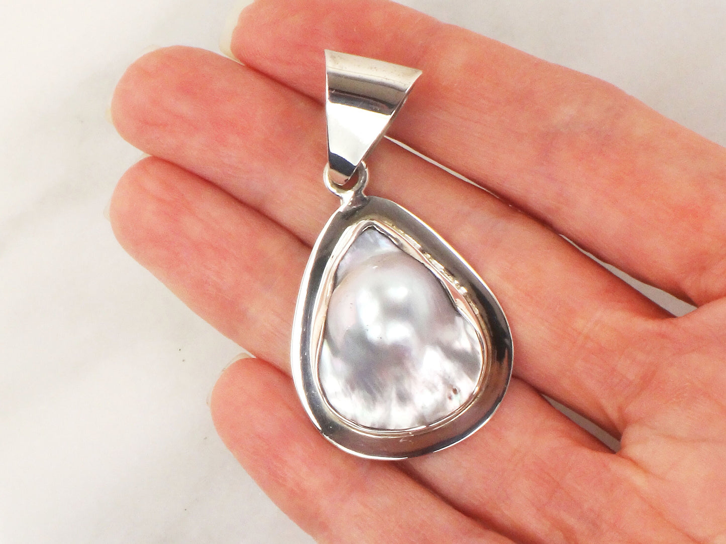 Vintage Large Sterling Silver Pearl Pendant Teardrop Shaped Gray Blister Pearl Pendant Mexio Sterling Pendant